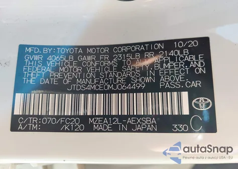 2021 Toyota Corolla Se z USA, uszkodzony, nr VIN JTDS4MCE0MJ064499